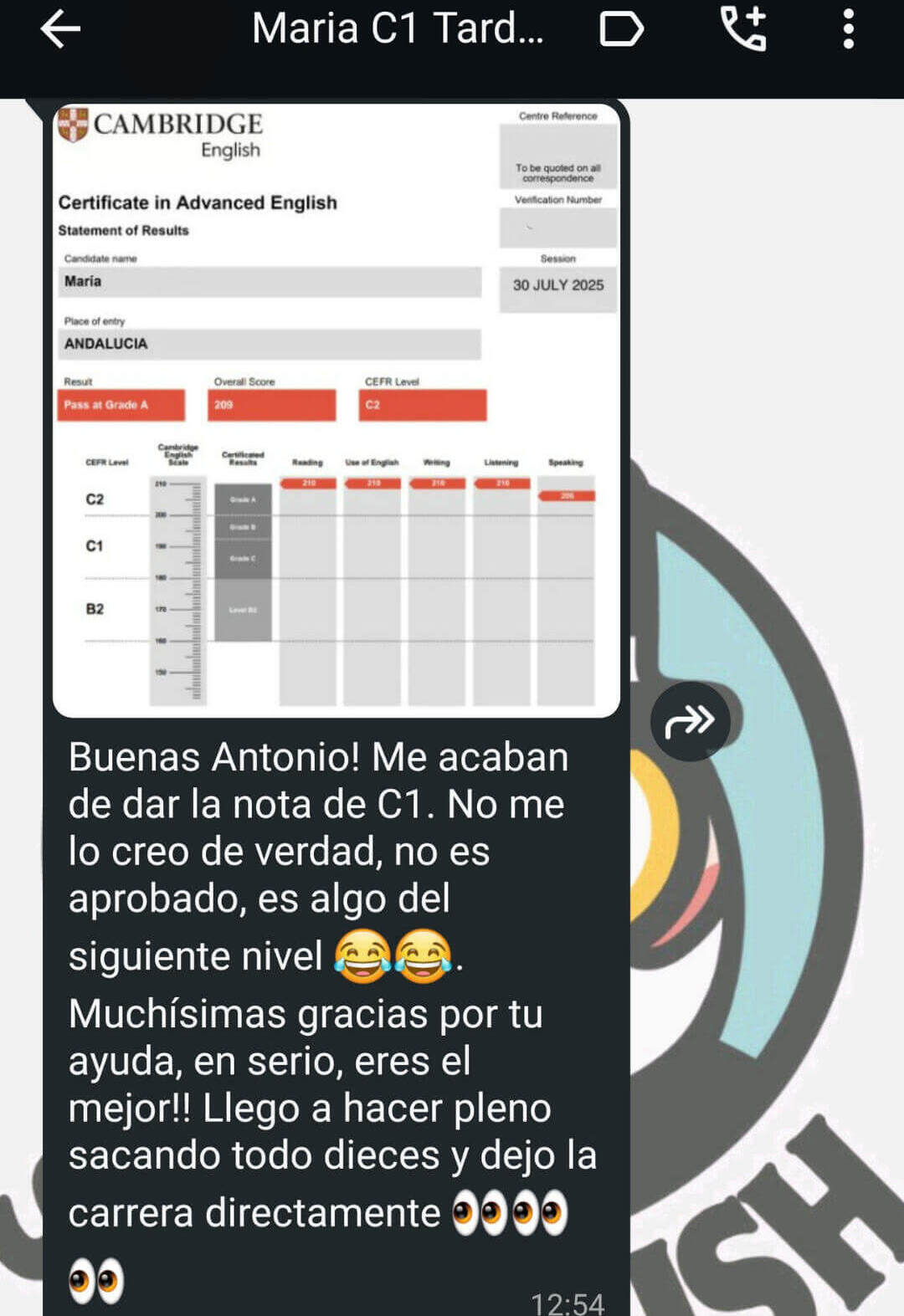 Captura de WhatsApp con certificado Cambridge de un alumno aprobado