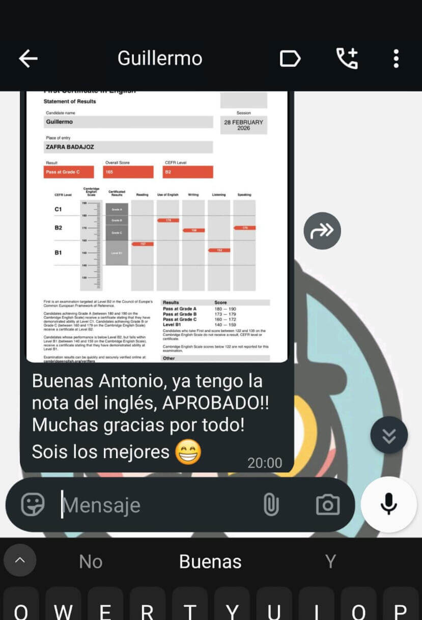 Captura de WhatsApp con certificado Cambridge de un alumno aprobado